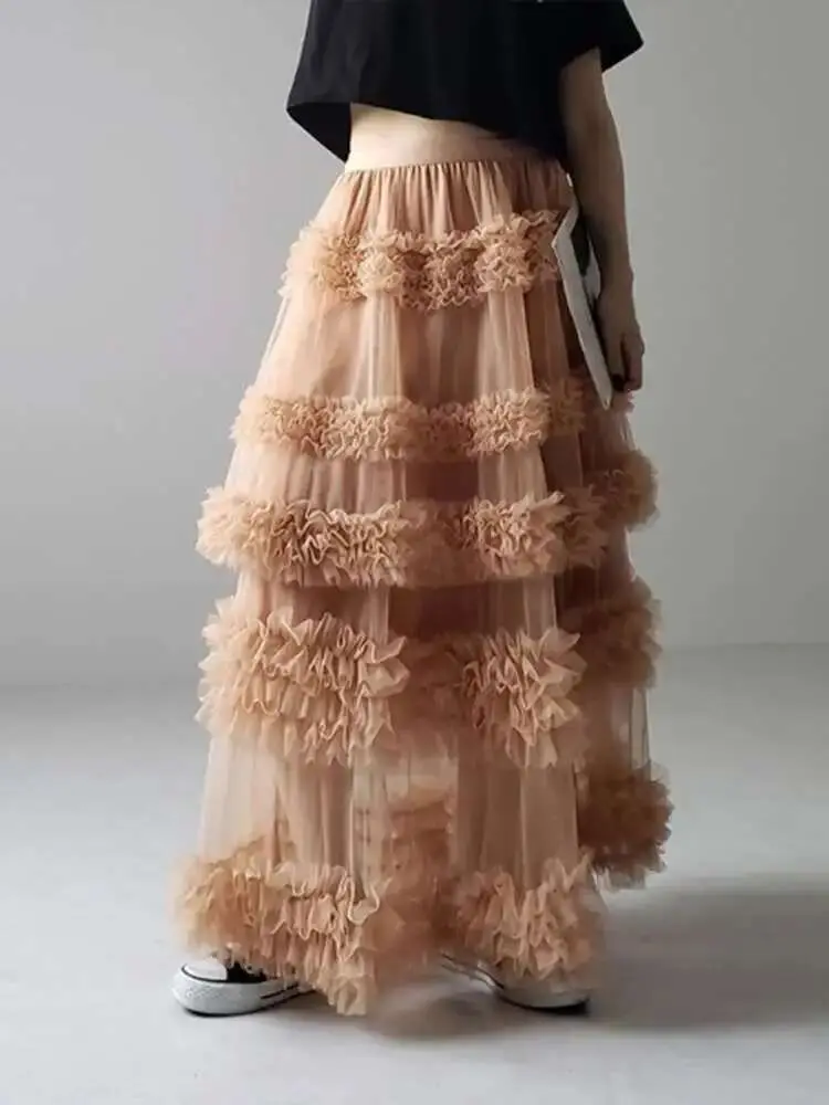 LANMREM Yarn Skirt For Women Three-layer Handmade Splicing Mesh A-line Skirts Female Party Clothing 2025 Spring New 2DB1939