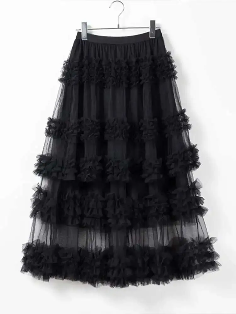 LANMREM Yarn Skirt For Women Three-layer Handmade Splicing Mesh A-line Skirts Female Party Clothing 2025 Spring New 2DB1939