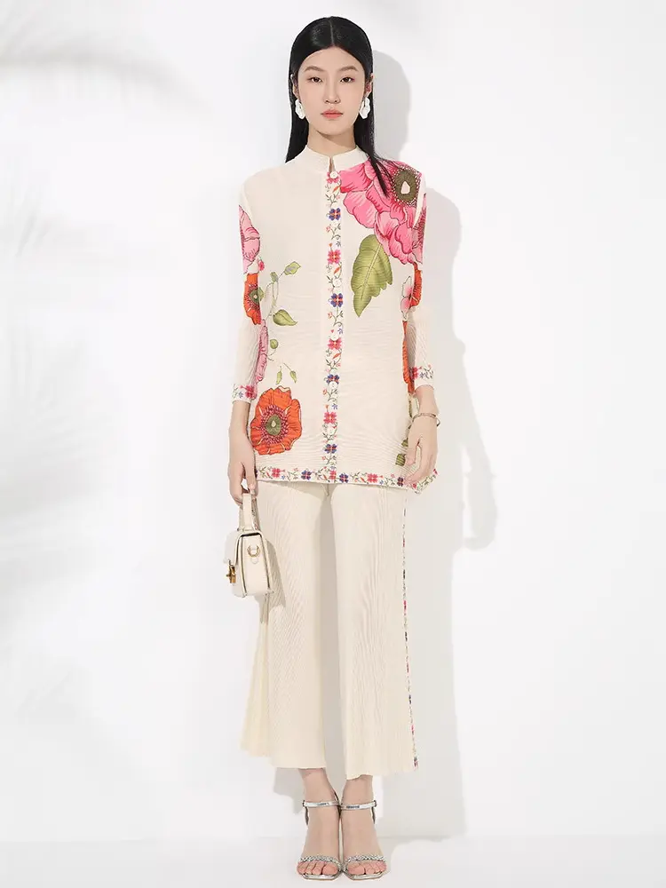 LANMREM Pleated Print New Chinese Style Two Pieces Set For Women Stand Collar Single Breasted Top And High Waist Wide Leg Pants