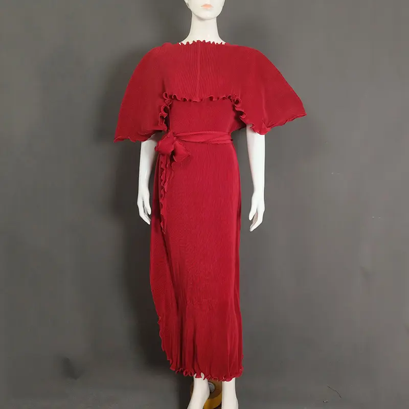 LANMREM Pleated Ruffled Patchwork Women's Summer Dress Chic New Elegant Short Sleeve Irregular Famale Clothing With Belt 2DB4027