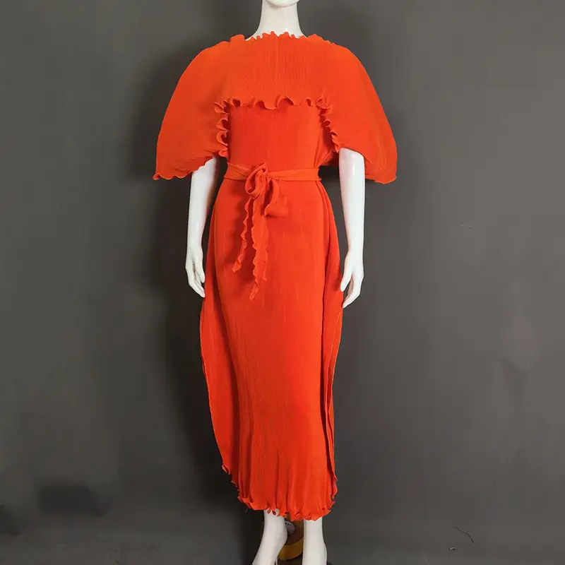 LANMREM Pleated Ruffled Patchwork Women's Summer Dress Chic New Elegant Short Sleeve Irregular Famale Clothing With Belt 2DB4027