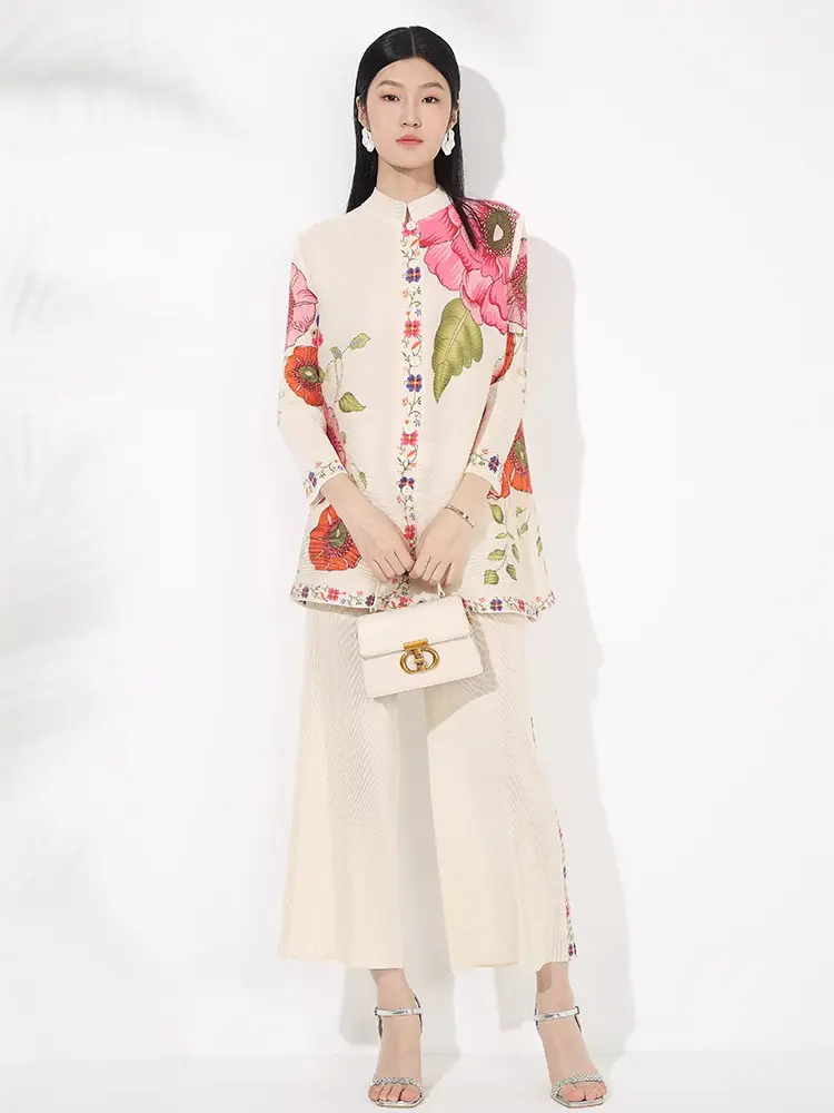 LANMREM Pleated Print New Chinese Style Two Pieces Set For Women Stand Collar Single Breasted Top And High Waist Wide Leg Pants