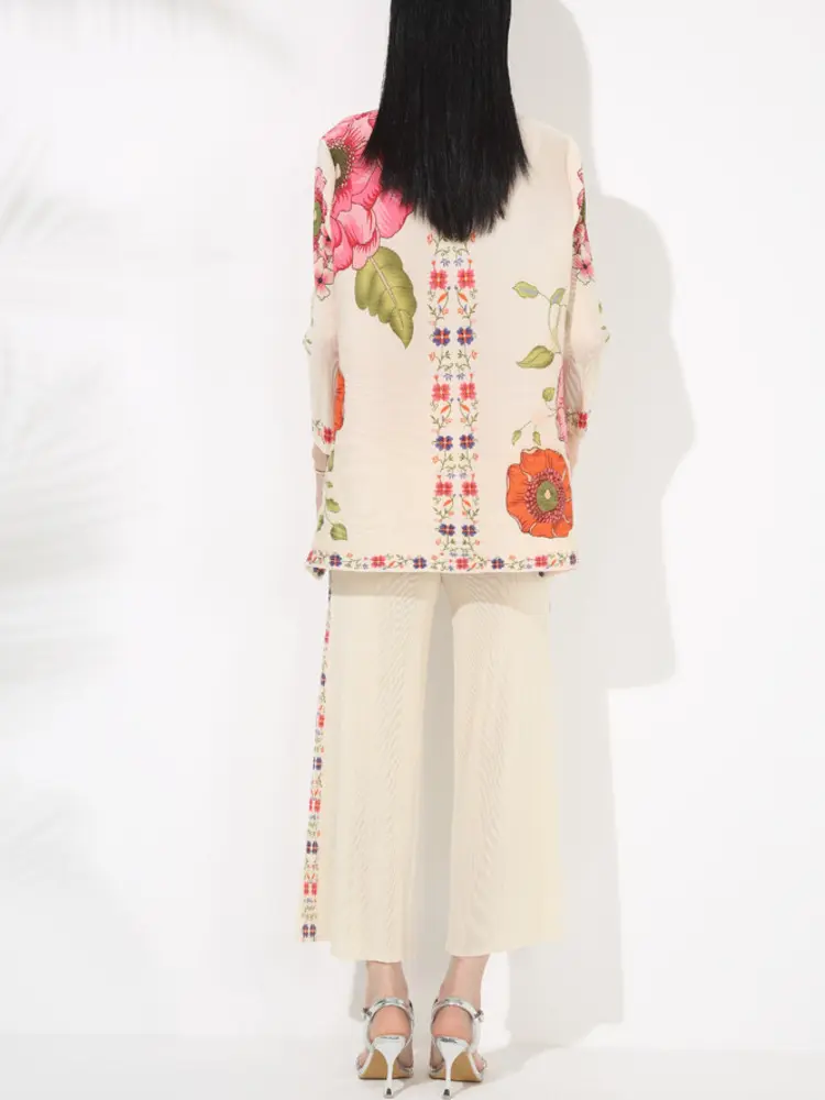 LANMREM Pleated Print New Chinese Style Two Pieces Set For Women Stand Collar Single Breasted Top And High Waist Wide Leg Pants