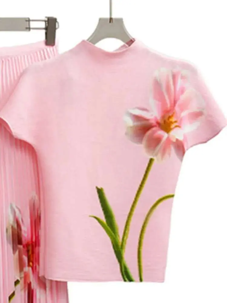 LANMREM Retro Pleated Flower Printing T-shirt Women Short Sleeves Tops Slim Style Ladies Trendy Clothing 2024 Summer New 2AA1800