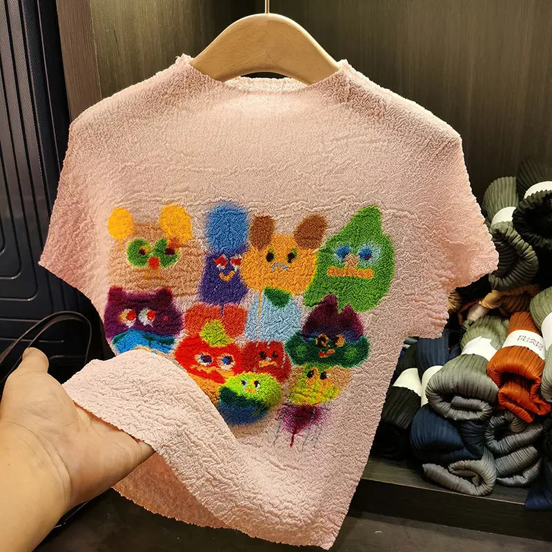 LANMREM Lightweight Colorful Print Women T-shirt 2025 New Summer Elegant Chic Stand Collar Short Sleeve Pullover Top 2DB3734