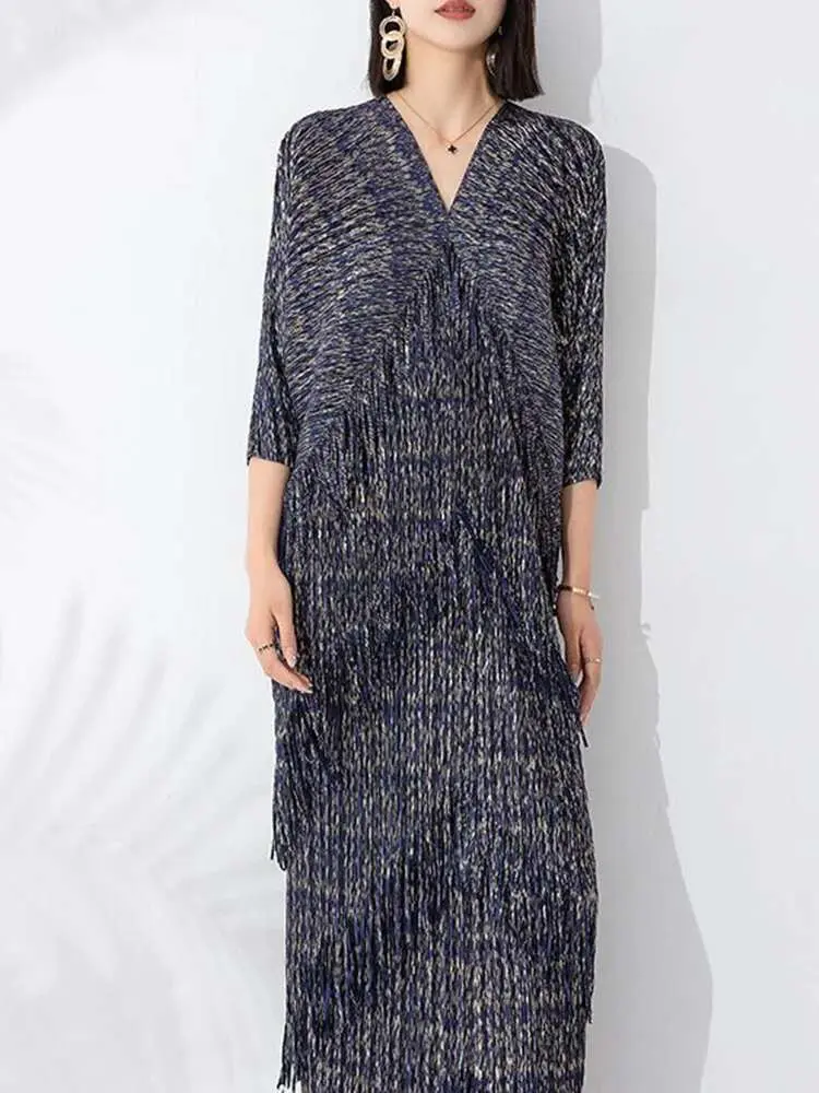 LANMREM High End Pleated Maxi Dress Women V Neck Batwing Sleeves Stitching Color Tassel Elegant Dresses Ladies Clothes 2DA1641