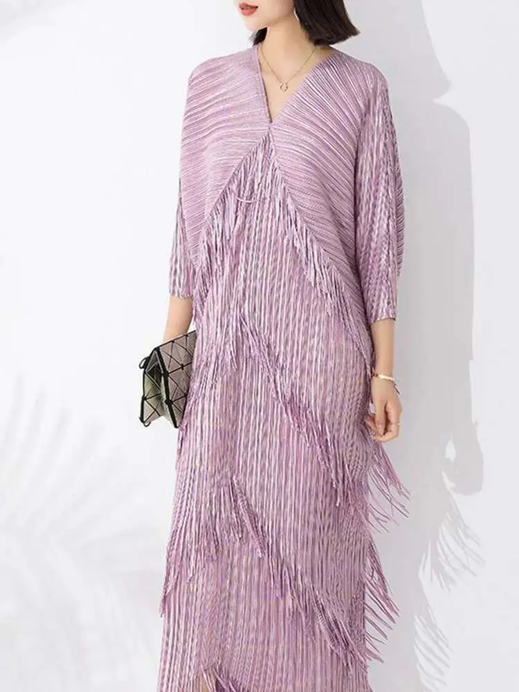 LANMREM High End Pleated Maxi Dress Women V Neck Batwing Sleeves Stitching Color Tassel Elegant Dresses Ladies Clothes 2DA1641