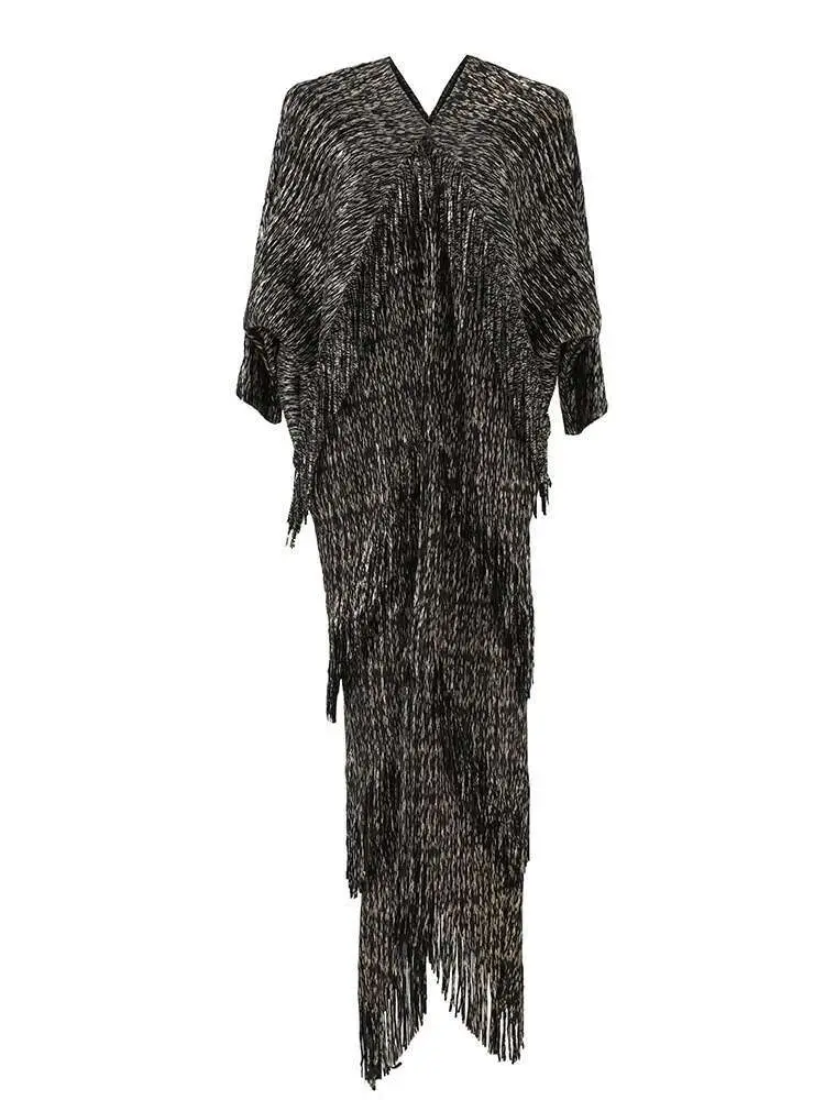 LANMREM High End Pleated Maxi Dress Women V Neck Batwing Sleeves Stitching Color Tassel Elegant Dresses Ladies Clothes 2DA1641