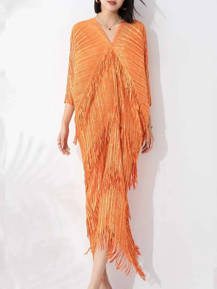 LANMREM High End Pleated Maxi Dress Women V Neck Batwing Sleeves Stitching Color Tassel Elegant Dresses Ladies Clothes 2DA1641