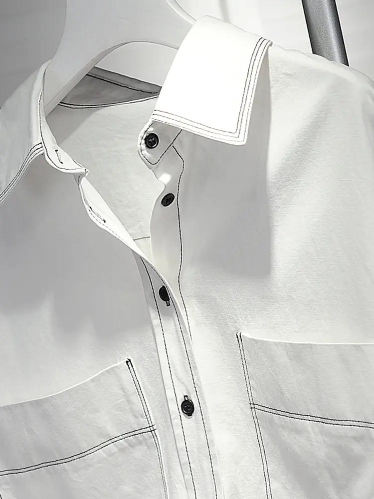 LANMREM Double Pocket Design Thick Shirt Women's Lapel Long Sleeved Single Breasted Irregular Loose Top 2025 New Blouse 2Z2090