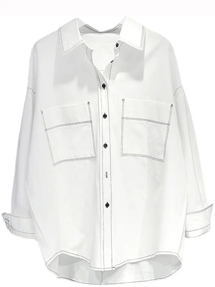 LANMREM Double Pocket Design Thick Shirt Women's Lapel Long Sleeved Single Breasted Irregular Loose Top 2025 New Blouse 2Z2090