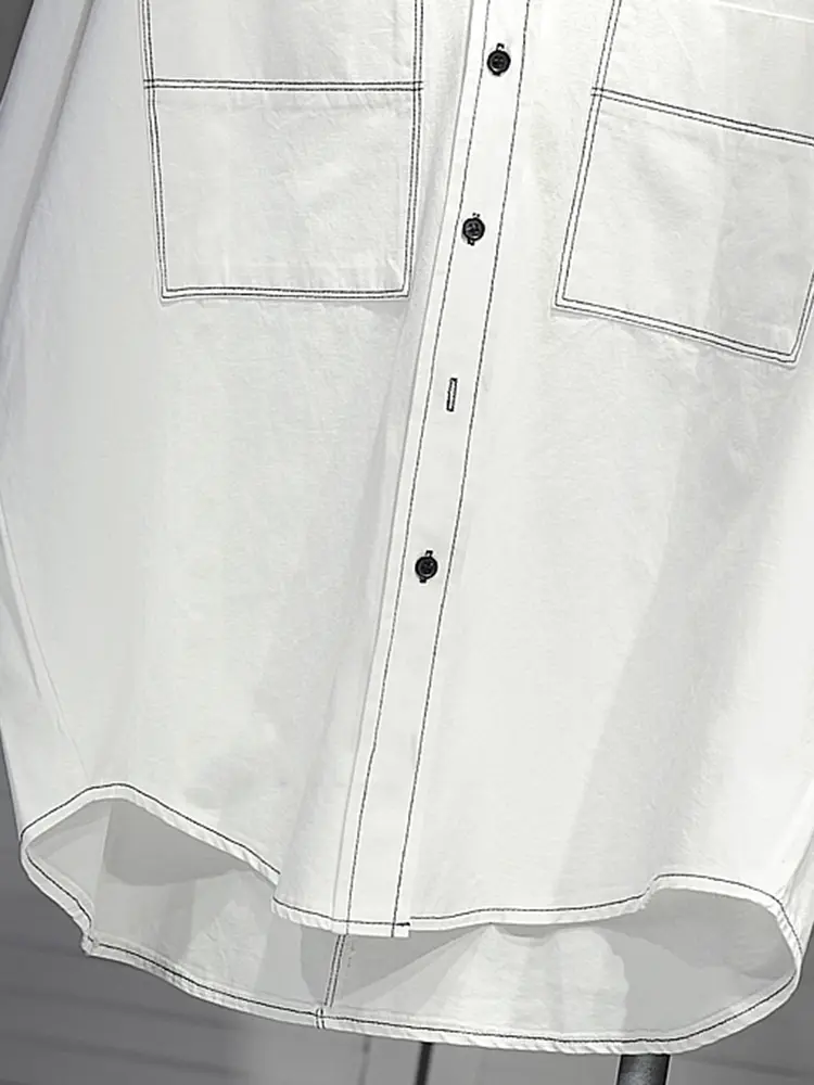 LANMREM Double Pocket Design Thick Shirt Women's Lapel Long Sleeved Single Breasted Irregular Loose Top 2025 New Blouse 2Z2090