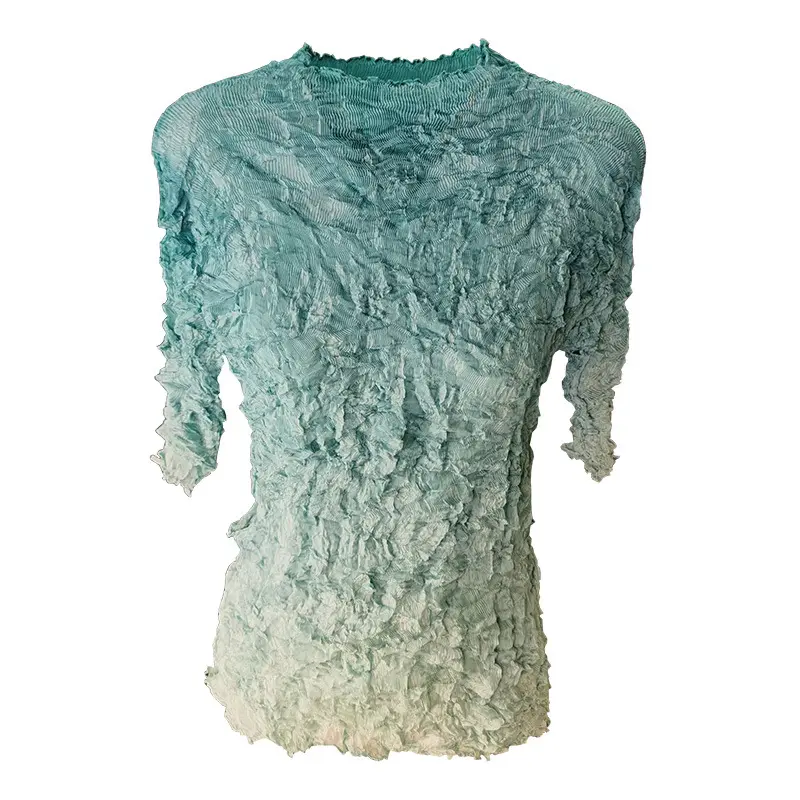LANMREM Niche Design Pleat Gradient Tie Dye T-shirt For Women Summer 2025 New Temperament Slim Fit Base Pleated Tops 2DB2802