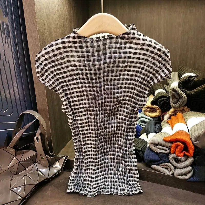 LANMREM Pleated Striped Women's Top Fashion Casual Print Loose High Elasticity Versatile Slimming Short Sleeve T-shirt 2DB4060
