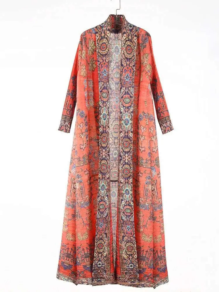 LANMREM Niche Trend Printed Windbreaker Women's 2025 New Loose Oversized Long Sleeved Pleated Trench Cardigan Long Coat 2DB2481