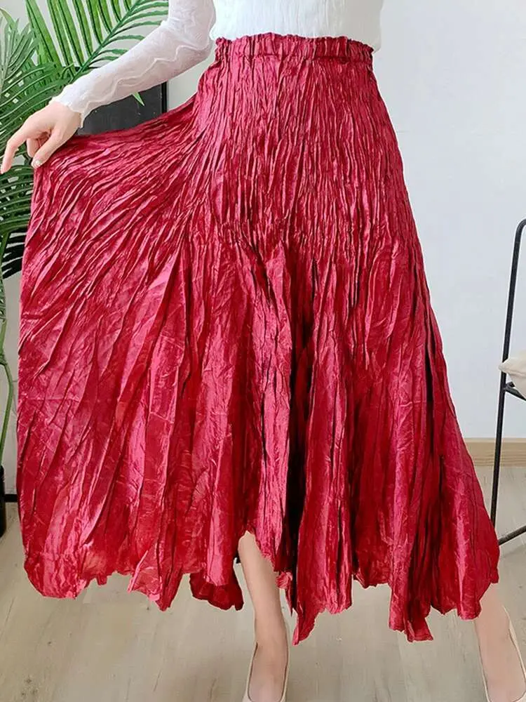 LANMREM Large Hem Pleated Mid Length Skirt For Female Elastic Waist Solid Color Irregular Skirts Female Elegant Clothing 2R5681