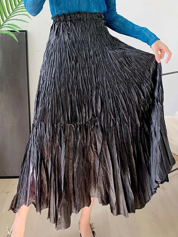 LANMREM Large Hem Pleated Mid Length Skirt For Female Elastic Waist Solid Color Irregular Skirts Female Elegant Clothing 2R5681