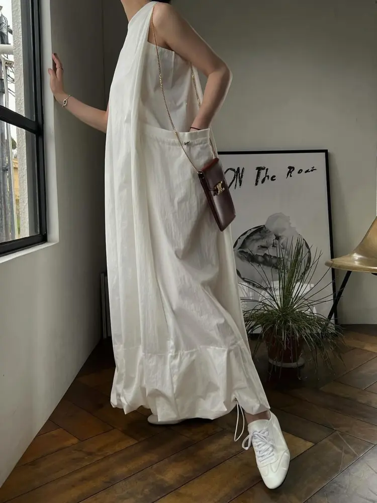 LANMREM Women's Long Dress O Neck Sleeveless Pockets Drawstring Design Zippers Loose Casual Dresses 2025 Spring Fashion 2DC1408