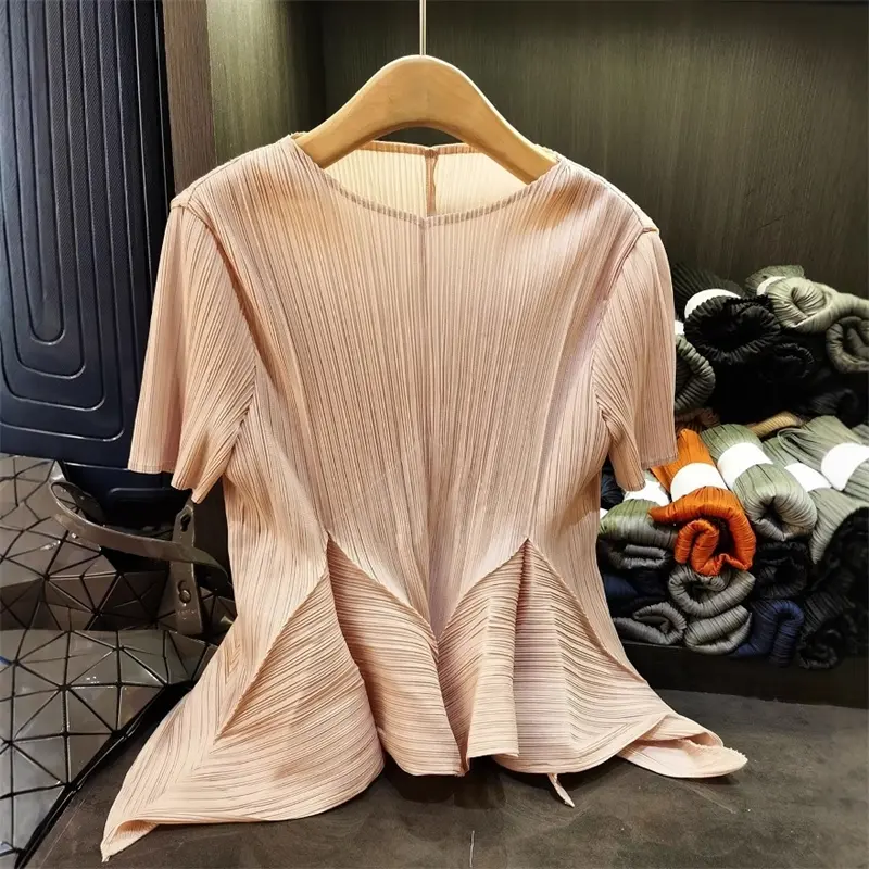 LANMREM Pleated Summer New Round Neck Short Sleeve Women's Top Elegant High-end Chic Irregular Pullover Elastic T-shirt 2DB4029