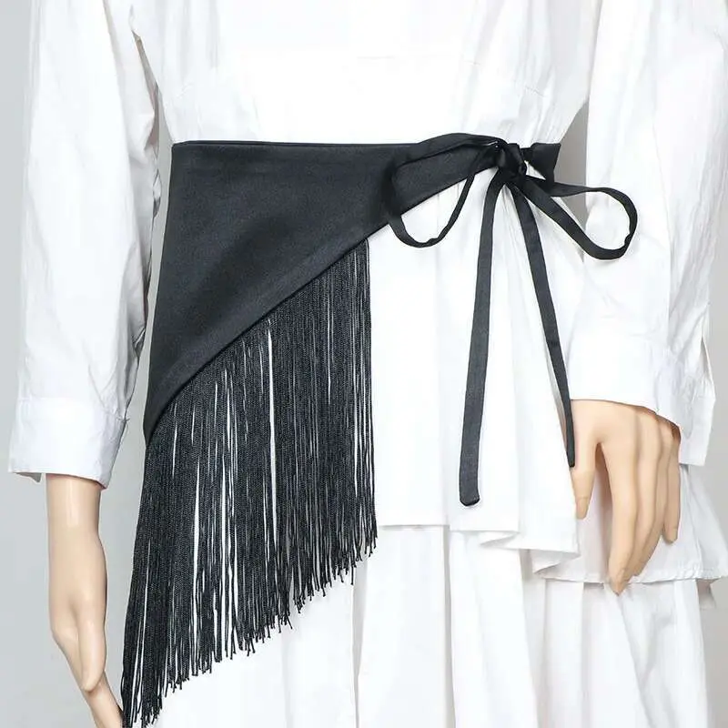 LANMREM American Style Women's Belt Spliced Tassel Bandage Waistband All-match Shirt Dress Female Spring New Fashion 2DC1589