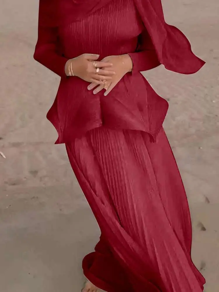 LANMREM High Quality Fashion Pleated Two Pieces Set For Women 2025 New Irregular Hem Tops And Elastic Waist A-line Skirt 2DB2732