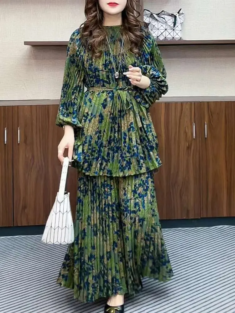LANMREM Retro Style Women's Pleated Print Sets Round Neck Loose Lace-up Tops High Waist Skirt Two-piece Set Tide 2025 New 2DE613
