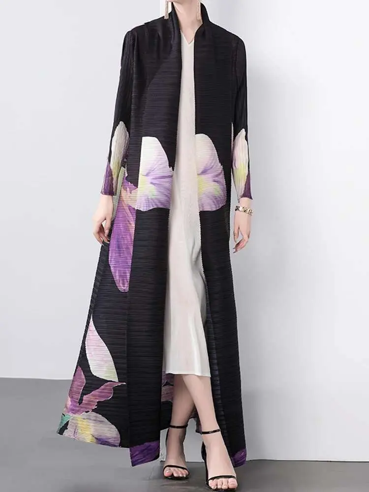 LANMREM Long Pleated Thin Windbreaker For Women Flower Printing Black Color Female Belt Trench Coat 2025 Spring New 2DA8112