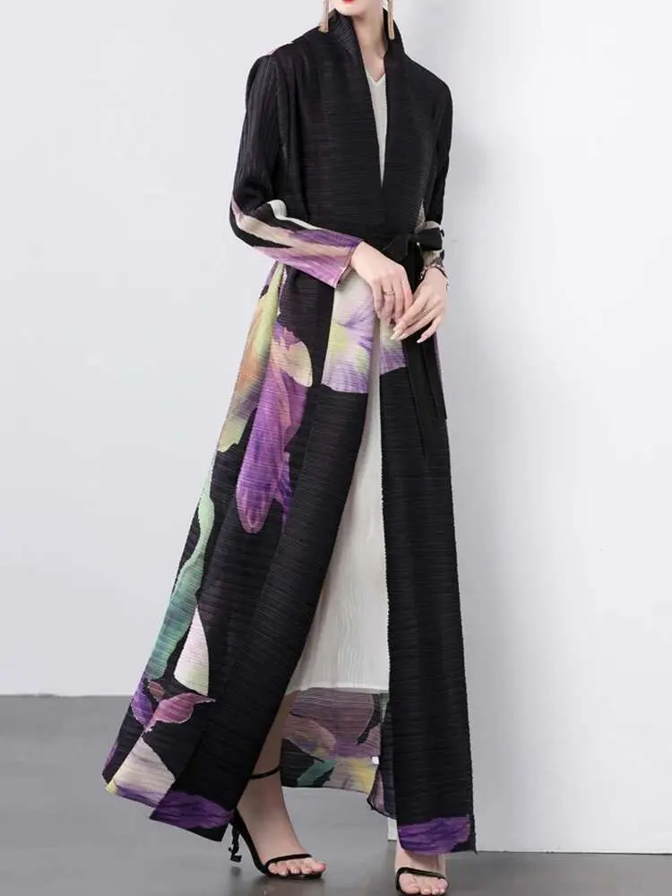 LANMREM Long Pleated Thin Windbreaker For Women Flower Printing Black Color Female Belt Trench Coat 2025 Spring New 2DA8112