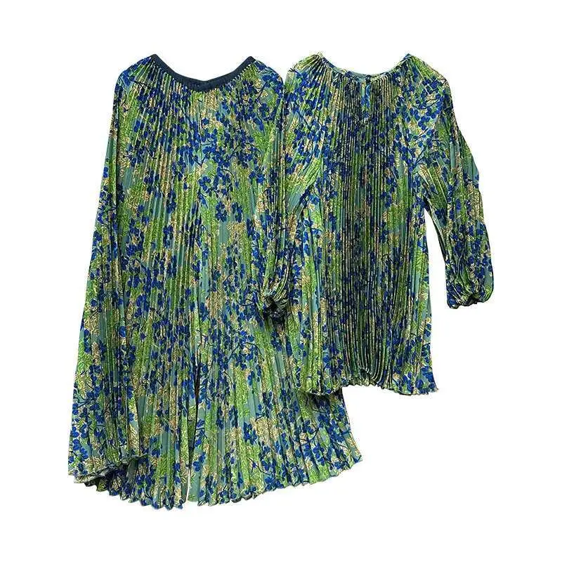 LANMREM Retro Style Women's Pleated Print Sets Round Neck Loose Lace-up Tops High Waist Skirt Two-piece Set Tide 2025 New 2DE613