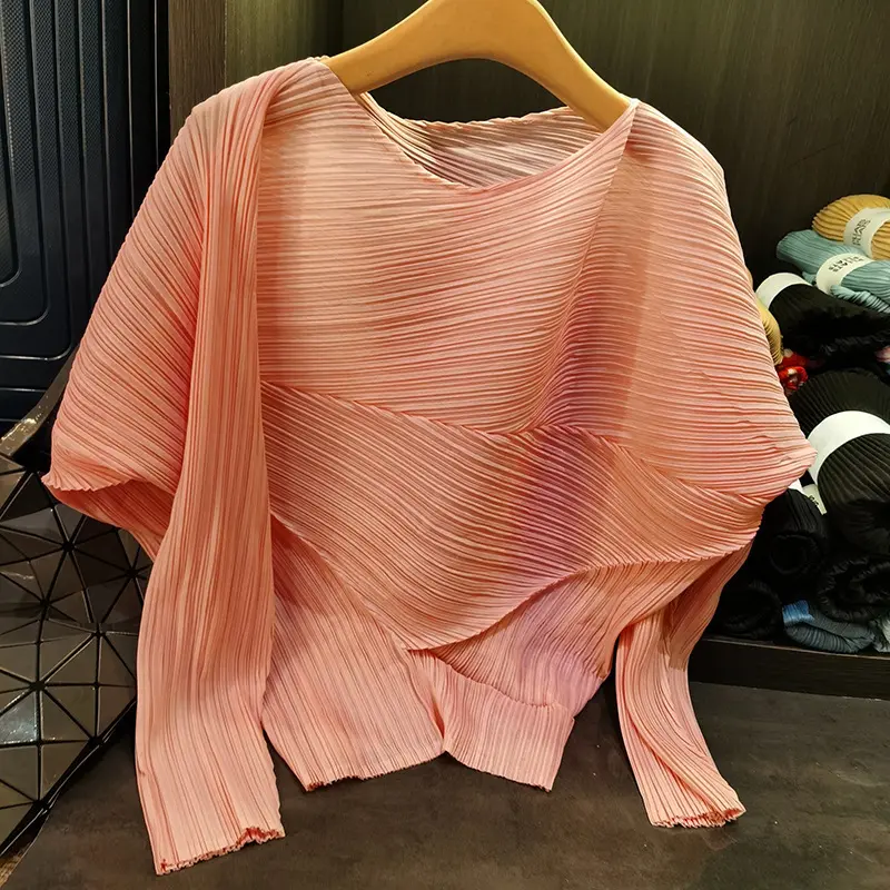 LANMREM Niche Chic Pleated Top Irregular Solid Color Long Sleeve T-shirt For Women 2025 New Elastic Loose Pullover Tee 2DB3610