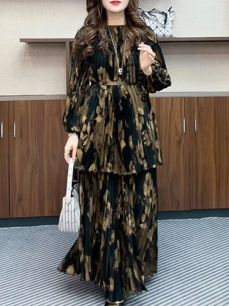 LANMREM Retro Style Women's Pleated Print Sets Round Neck Loose Lace-up Tops High Waist Skirt Two-piece Set Tide 2025 New 2DE613