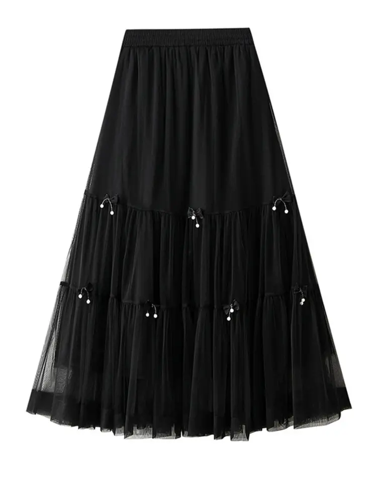 LANMREM Bow Mesh Cake Skirts For Women High Waist Solid Color Stitching Luxury Party Clothing 2024 Spring Summer New 2DA5032