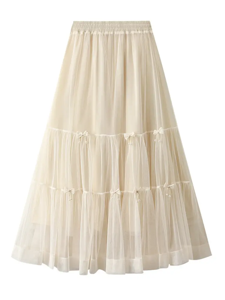 LANMREM Bow Mesh Cake Skirts For Women High Waist Solid Color Stitching Luxury Party Clothing 2024 Spring Summer New 2DA5032