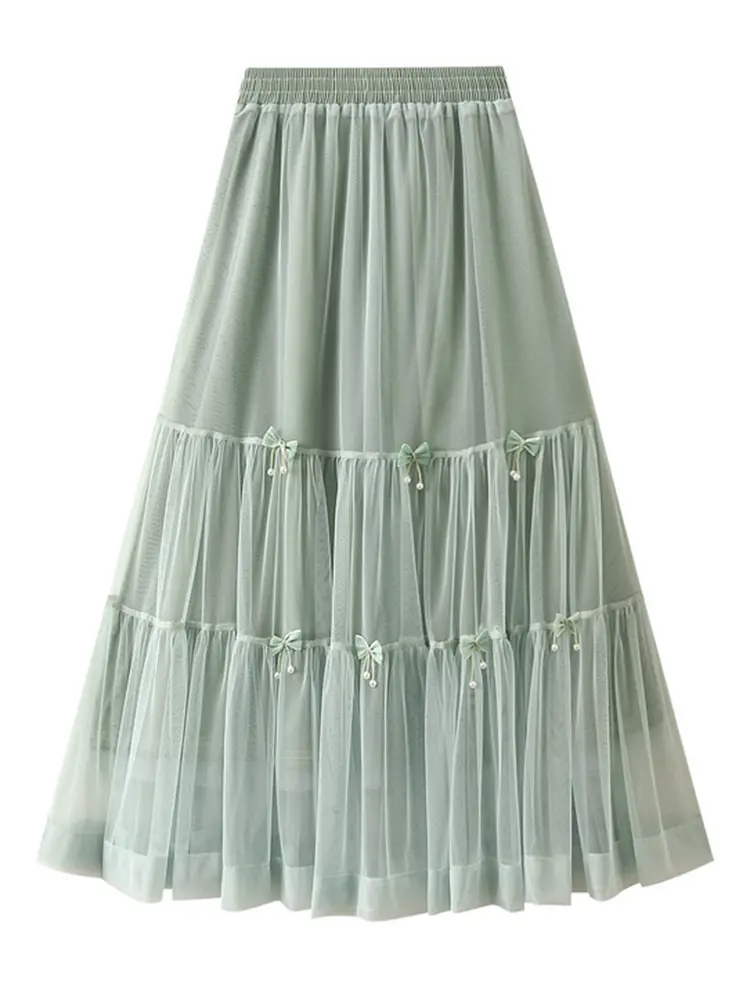 LANMREM Bow Mesh Cake Skirts For Women High Waist Solid Color Stitching Luxury Party Clothing 2024 Spring Summer New 2DA5032
