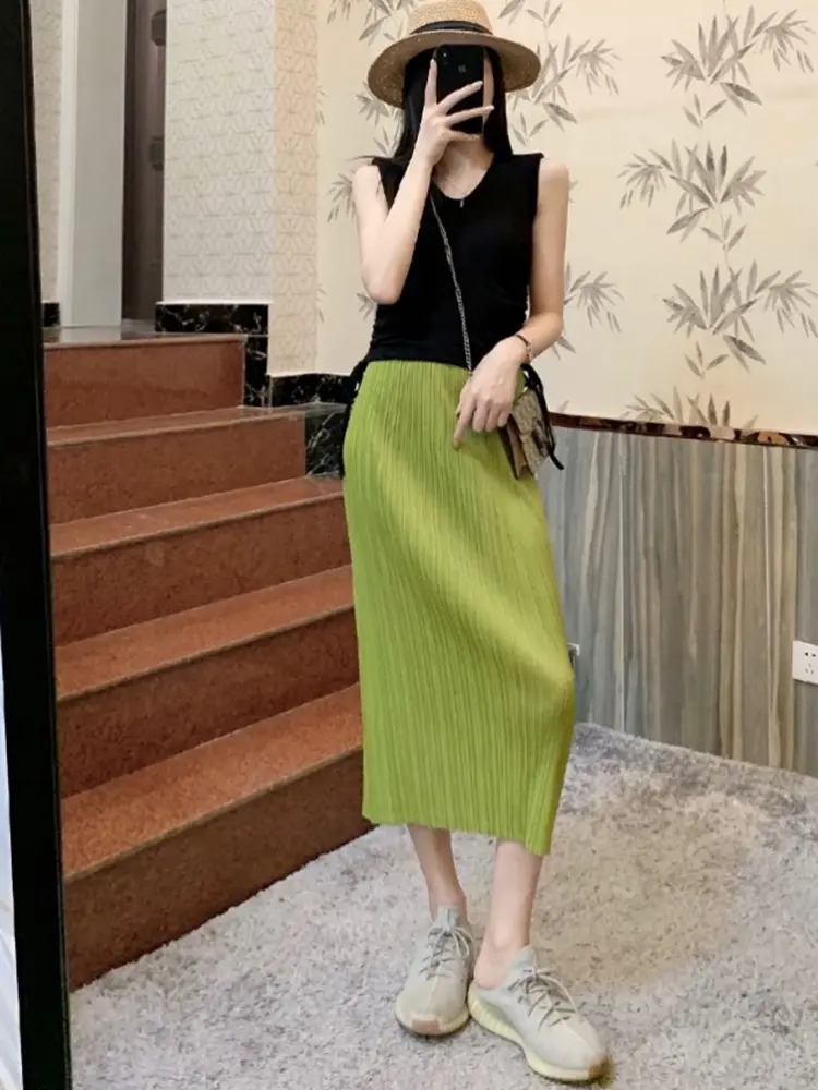 LANMREM Pleated Skirts For Women High Elastic Waist Solid Color A-line Loose Casual Clothing 2024 Summer New 2DA8062