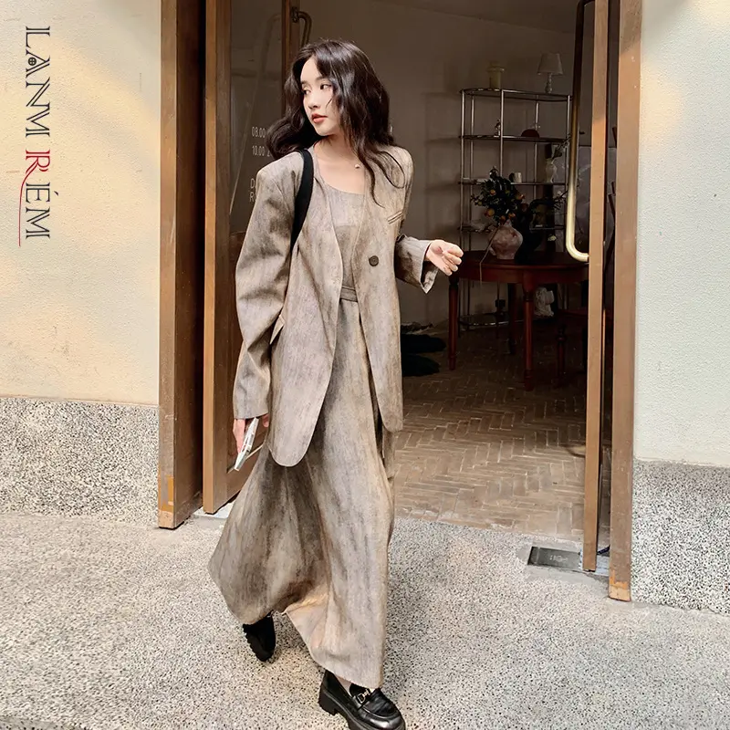 LANMREM Temperament Office Style Women's Dress Two Pieces Set V Collar Single Breasted Suit Coat And Slip Dresses Korean 2DB3712