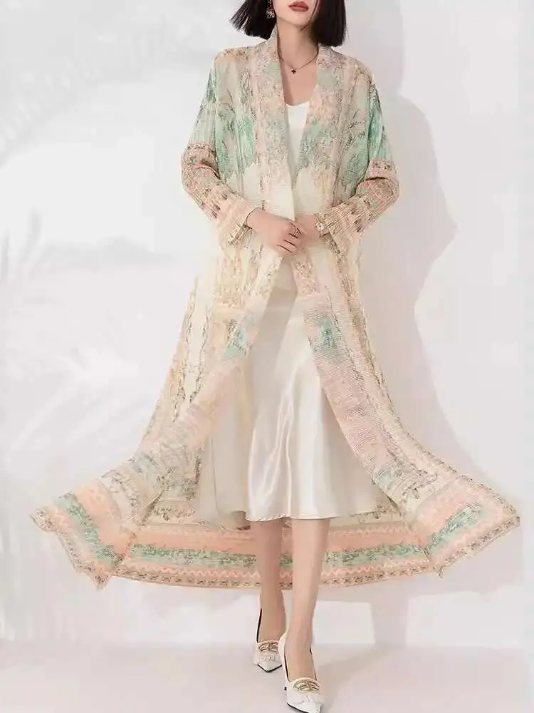 LANMREM Printed Pleated Cardigan For Women Long Sleeves Loose Big Size Female Vintage High End Windbreaker 2025 Spring 2DA5781