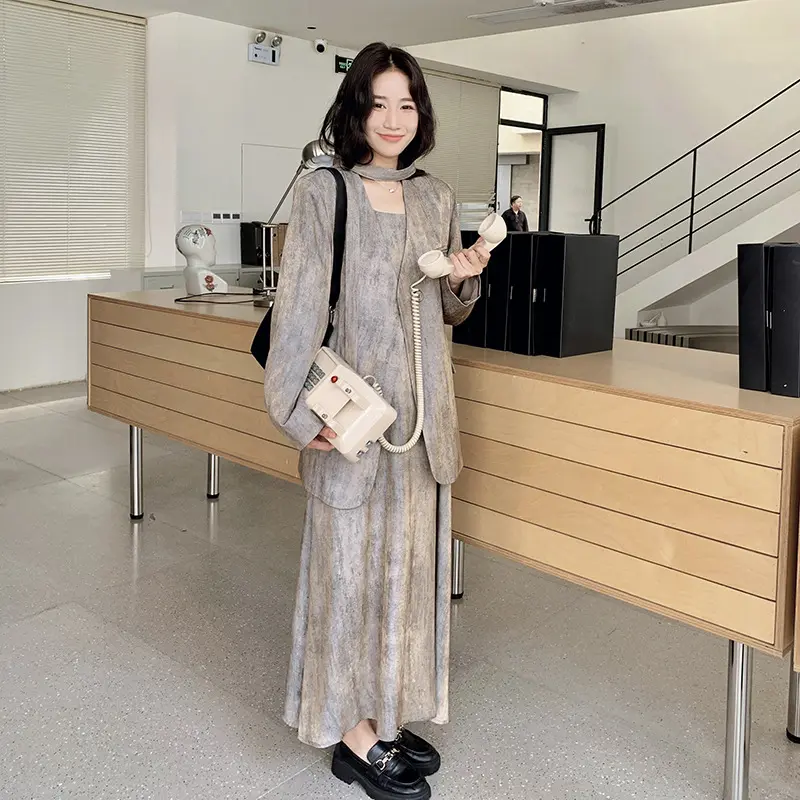 LANMREM Temperament Office Style Women's Dress Two Pieces Set V Collar Single Breasted Suit Coat And Slip Dresses Korean 2DB3712