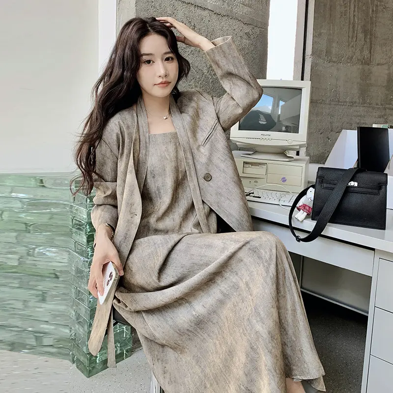 LANMREM Temperament Office Style Women's Dress Two Pieces Set V Collar Single Breasted Suit Coat And Slip Dresses Korean 2DB3712