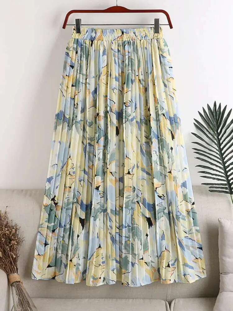 LANMREM Floral Skirts High Waist Thin Medium Long Chiffon Printed Pleated Long Skirt For Women 2025 Spring Summer New 2R1165