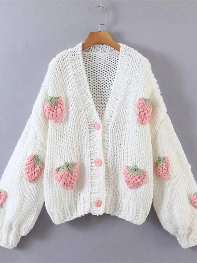 LANMREM Sweet Strawberry Knited Sweater Womne's V-neck Puff Sleeves Single Breasted Chic Sweaters 2025 Spring New 2Z2352