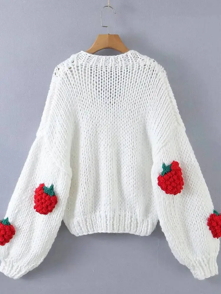 LANMREM Sweet Strawberry Knited Sweater Womne's V-neck Puff Sleeves Single Breasted Chic Sweaters 2025 Spring New 2Z2352