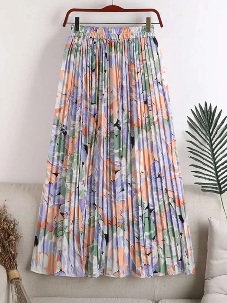 LANMREM Floral Skirts High Waist Thin Medium Long Chiffon Printed Pleated Long Skirt For Women 2025 Spring Summer New 2R1165