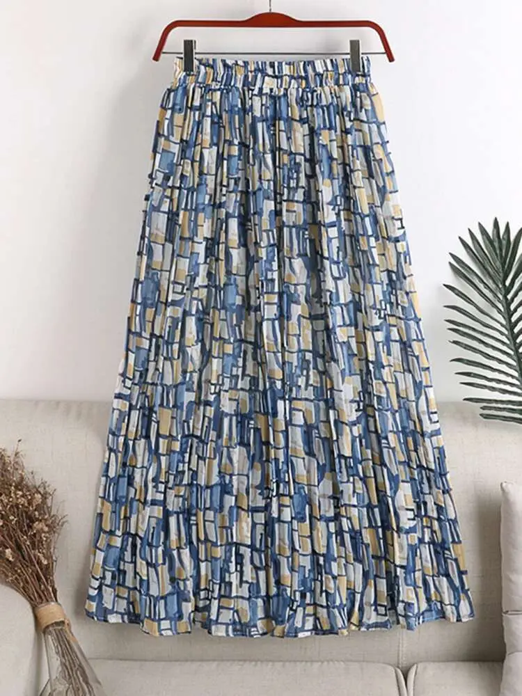 LANMREM Floral Skirts High Waist Thin Medium Long Chiffon Printed Pleated Long Skirt For Women 2025 Spring Summer New 2R1165