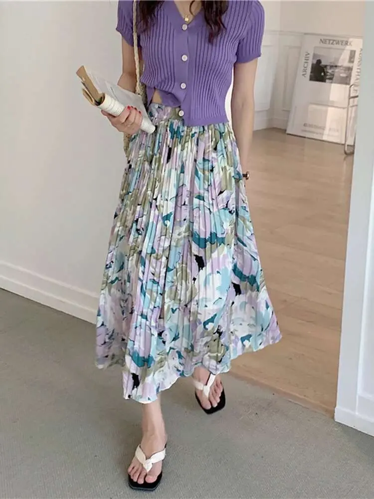 LANMREM Floral Skirts High Waist Thin Medium Long Chiffon Printed Pleated Long Skirt For Women 2025 Spring Summer New 2R1165