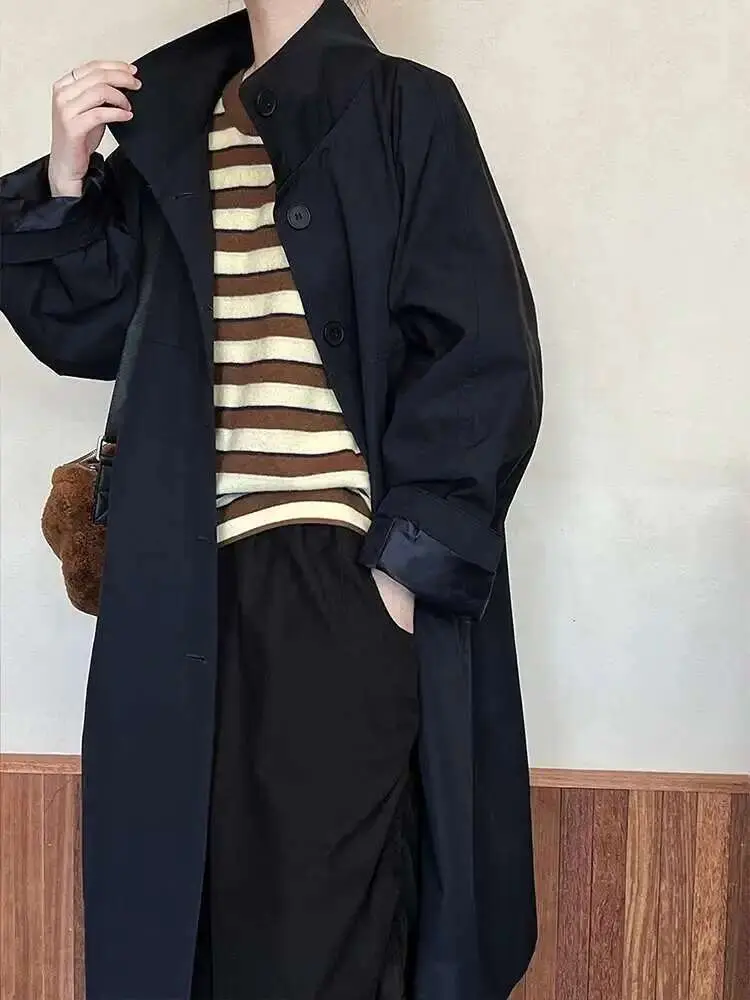 LANMREM Office Lady Trench Coat Solid Color Lapel Long Sleeves Single Breasted Loose Windbreaker 2025 Spring Autumn New 2DA8844