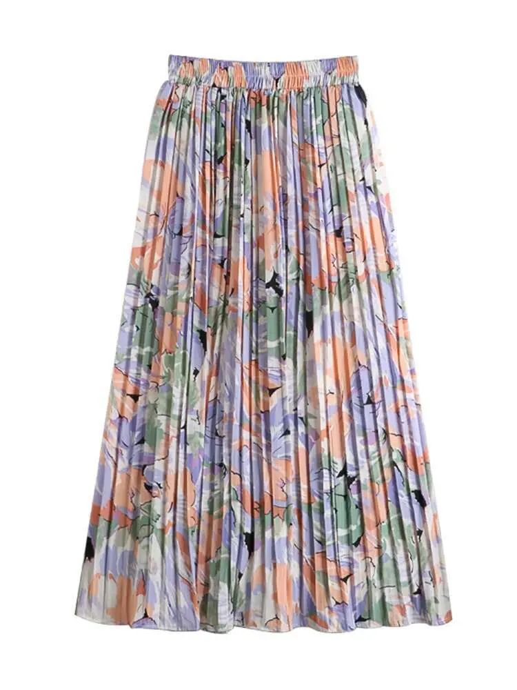 LANMREM Floral Skirts High Waist Thin Medium Long Chiffon Printed Pleated Long Skirt For Women 2025 Spring Summer New 2R1165