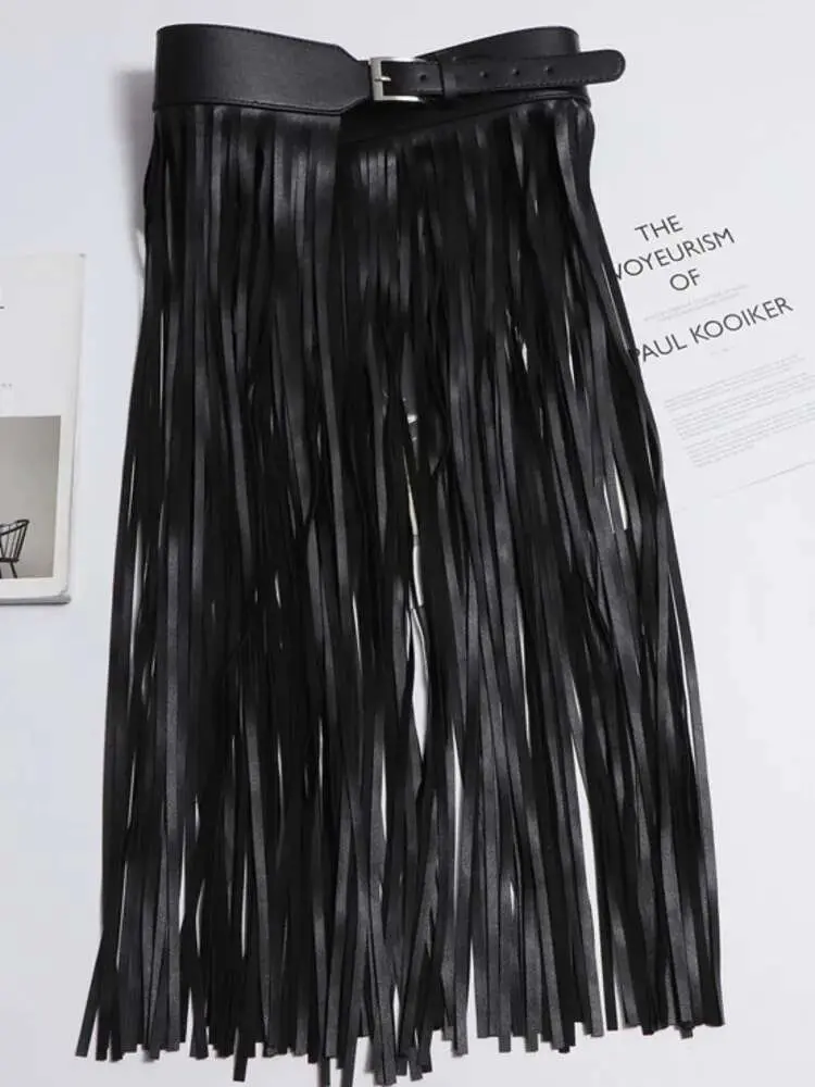 LANMREM Basics PU Leather Skirt Women Belt Black Color High Street Decoration Full Tassels Skirts Female New Fashion 2DC1326