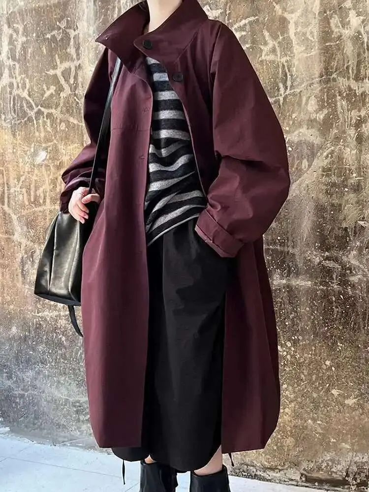 LANMREM Office Lady Trench Coat Solid Color Lapel Long Sleeves Single Breasted Loose Windbreaker 2025 Spring Autumn New 2DA8844