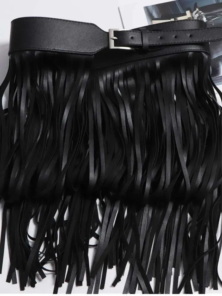 LANMREM Basics PU Leather Skirt Women Belt Black Color High Street Decoration Full Tassels Skirts Female New Fashion 2DC1326